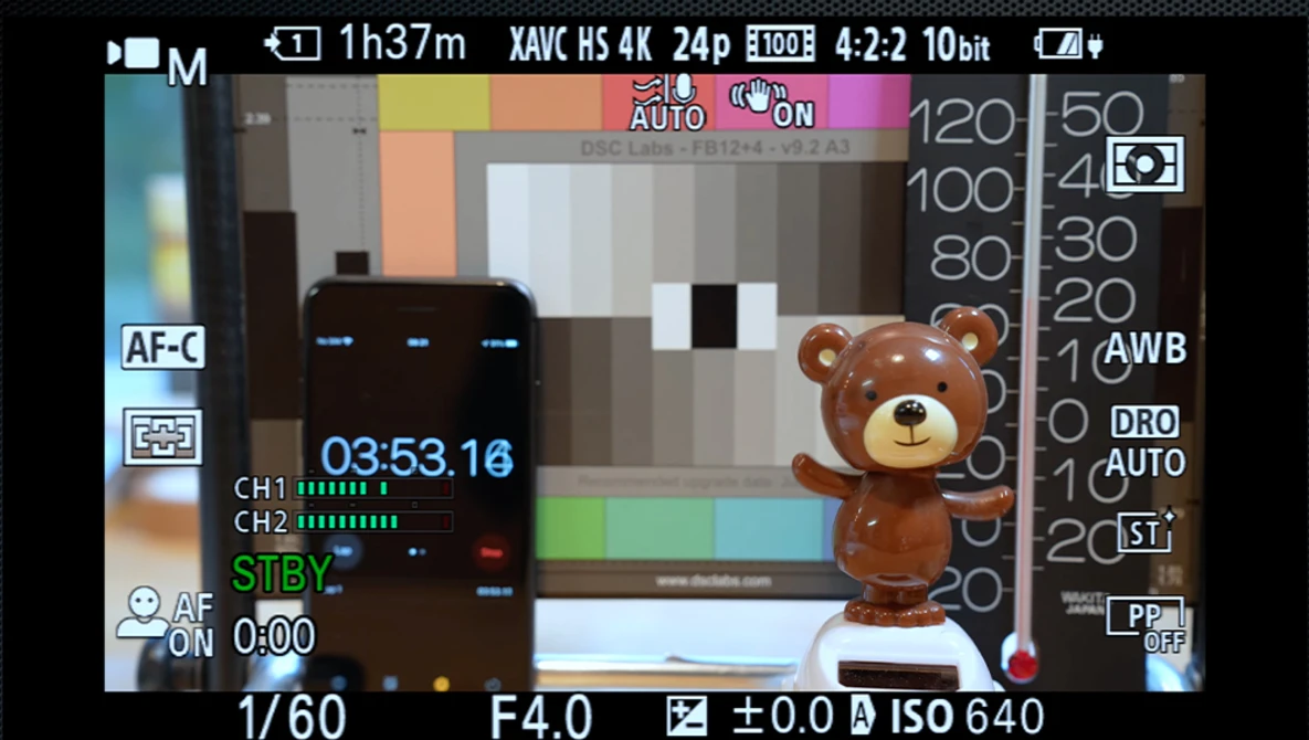 Camera LCD screen displaying a brown teddy bear figurine during video recording with audio levels and exposure settings visible.