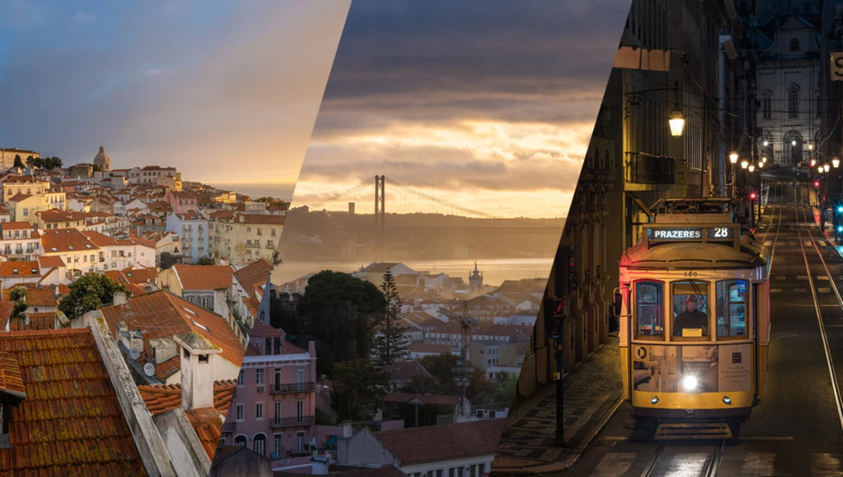 Yellow tram on tracks with Lisbon cityscape and bridge at sunset.