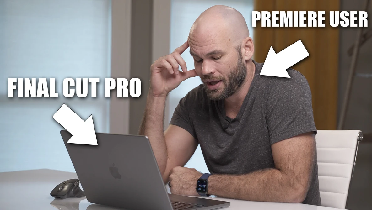 Meme comparing a Final Cut Pro user working intently at a laptop with a Premiere User scratching their head in confusion.
