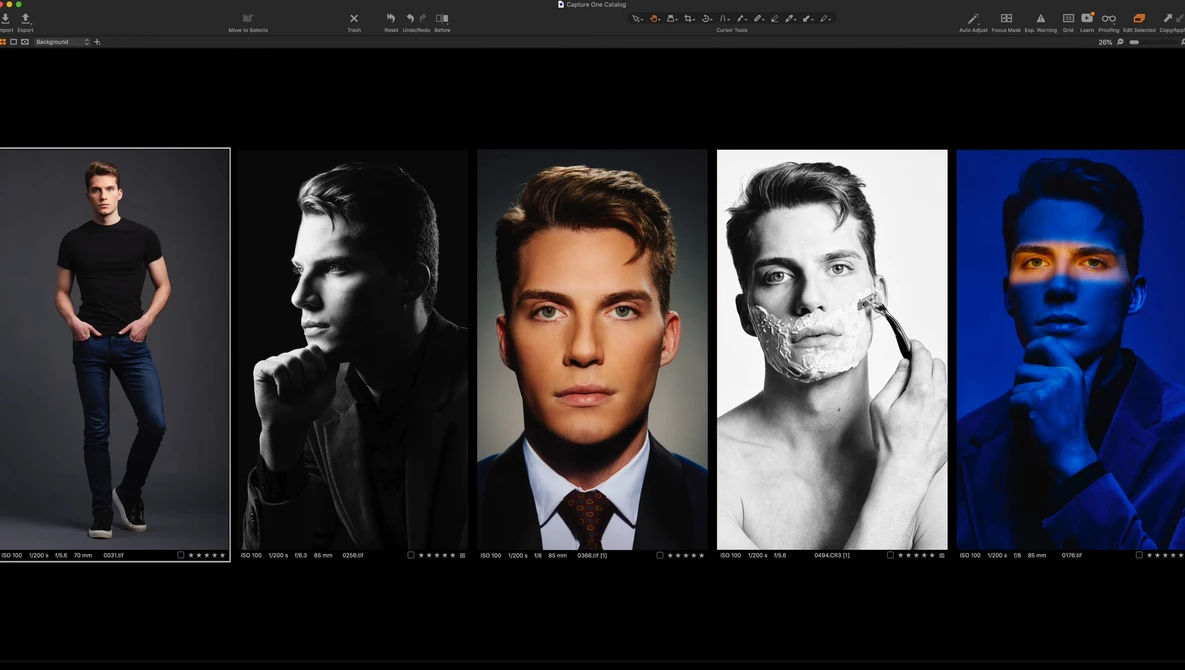 Screenshot of five male portrait photographs displaying diverse lighting and styling techniques.