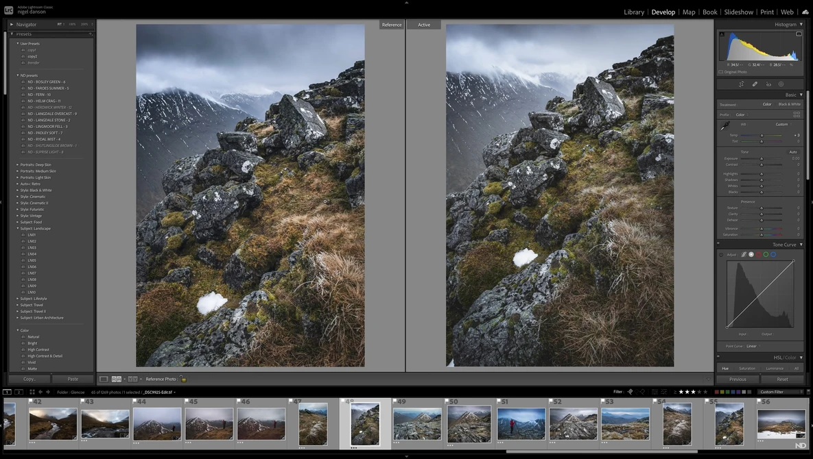 Screenshot of Lightroom showing two side-by-side versions of a mountainous landscape with moss-covered rocks.