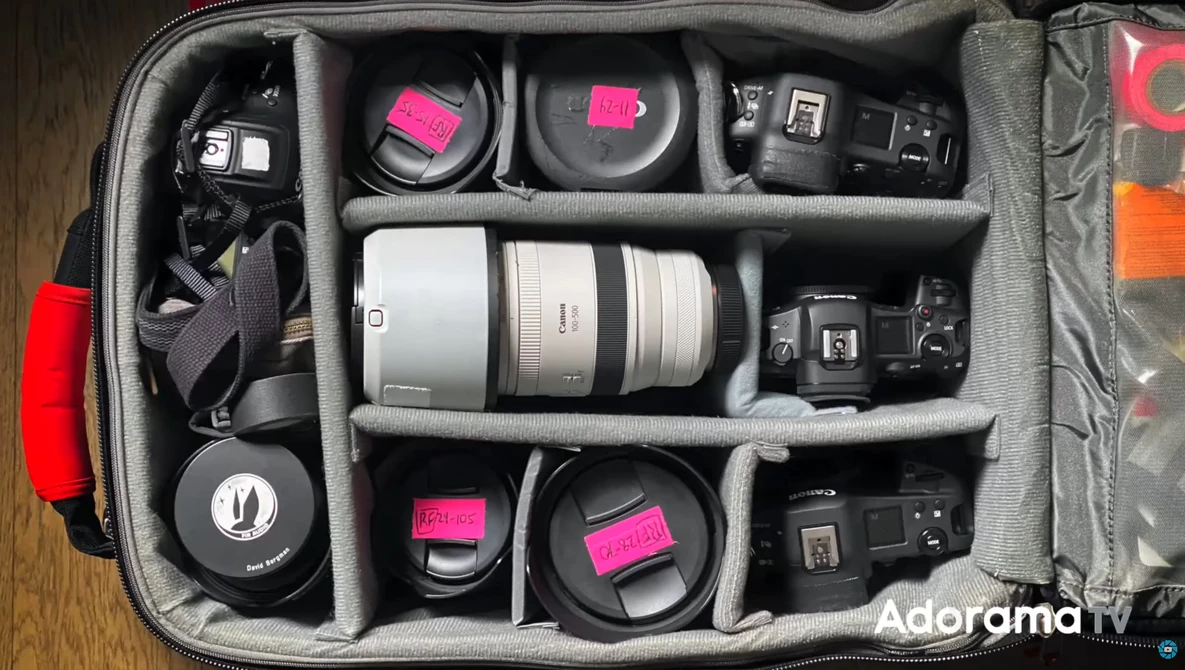 Organized camera gear in a gray divider insert, including lenses, wireless microphone, flash units, and accessories with pink accent labels.