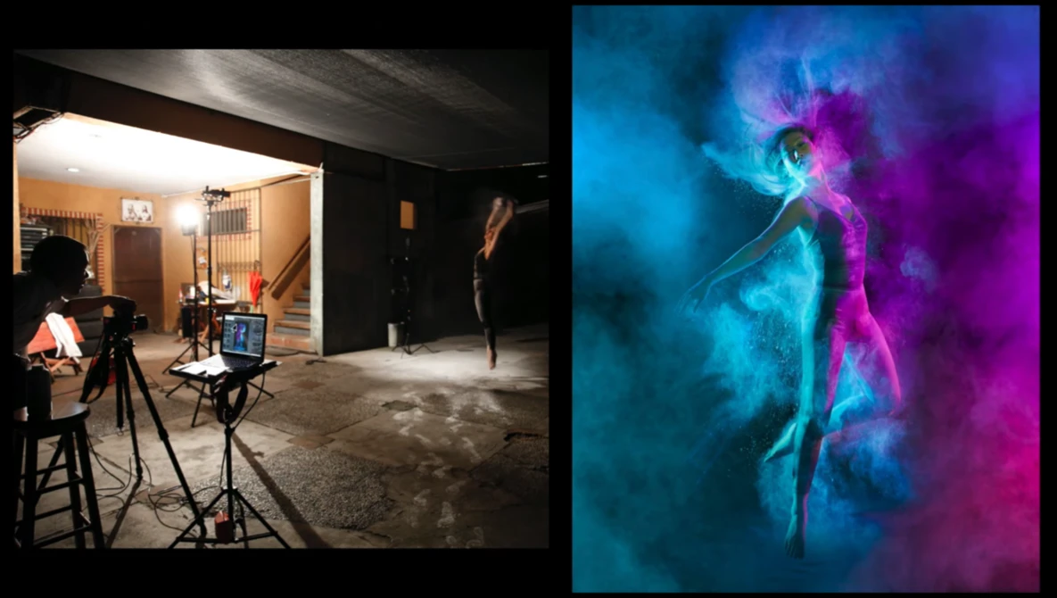 Split-screen comparison of a studio setup and a colorful powder explosion portrait.