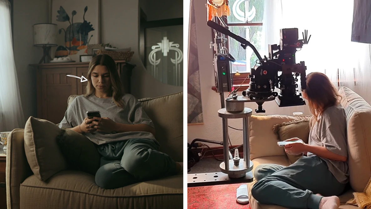 Behind-the-scenes comparison showing a woman on a couch during a video production shoot with professional lighting and camera equipment visible.