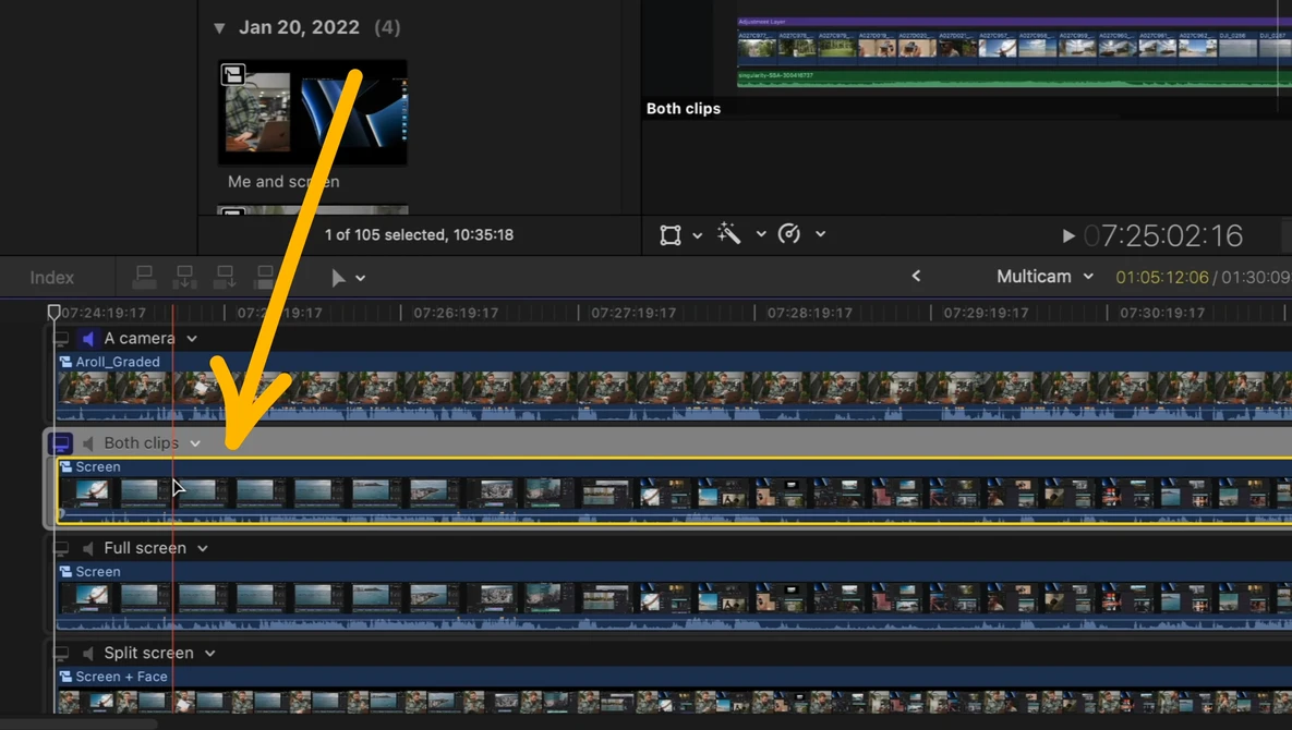 Screenshot of video editing timeline showing multiple camera angles and clips arranged in separate tracks.