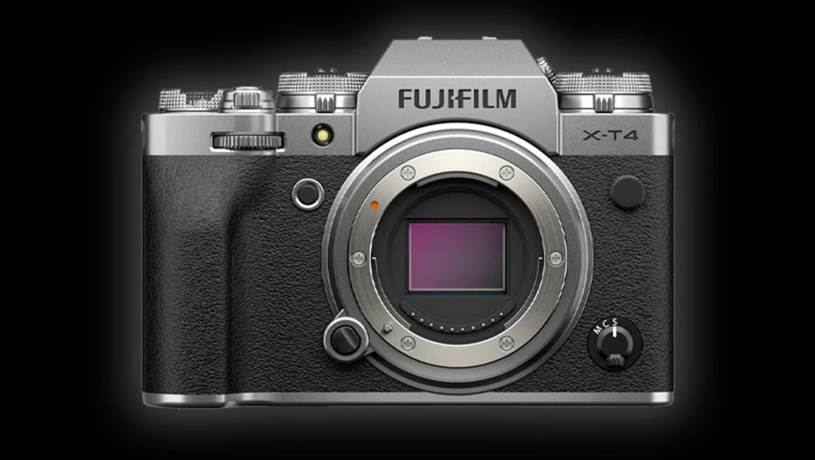 Fujifilm X-T4 mirrorless camera body front view with lens mount visible.