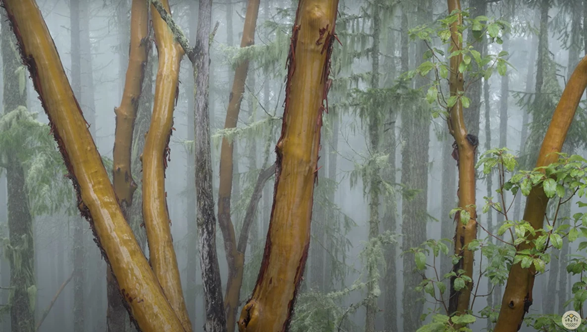 Misty forest scene with curved eucalyptus trunks in golden-brown tones and layered trees in soft focus.
