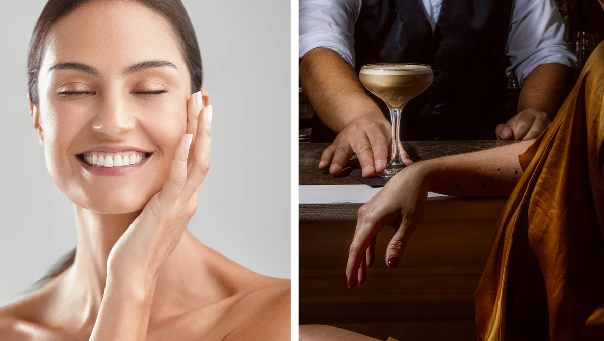 Split-screen comparison of beauty portrait lighting and bar service photography techniques.