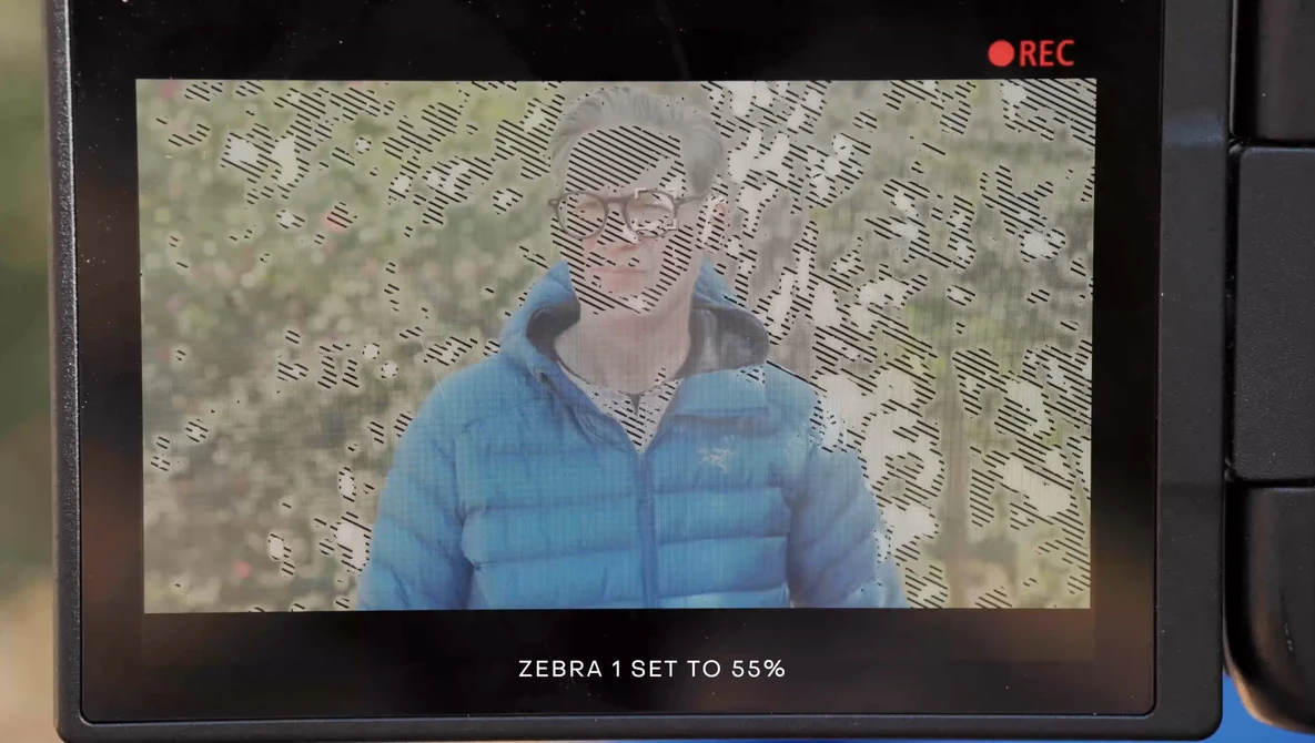 Screenshot of camera monitor displaying live view with zebra exposure warning overlay at 55% intensity.