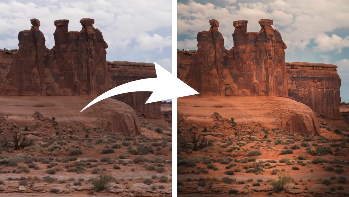 Desert rock formation before and after color grading comparison.