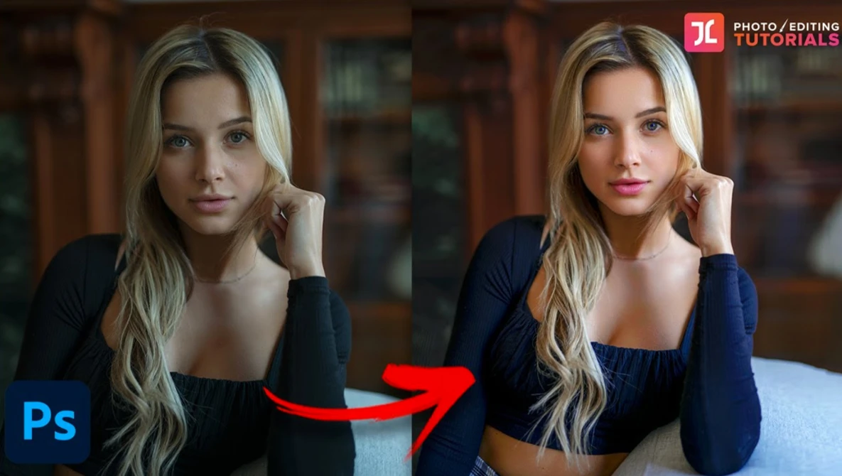 Side-by-side comparison of portrait editing in Photoshop showing before and after adjustments.