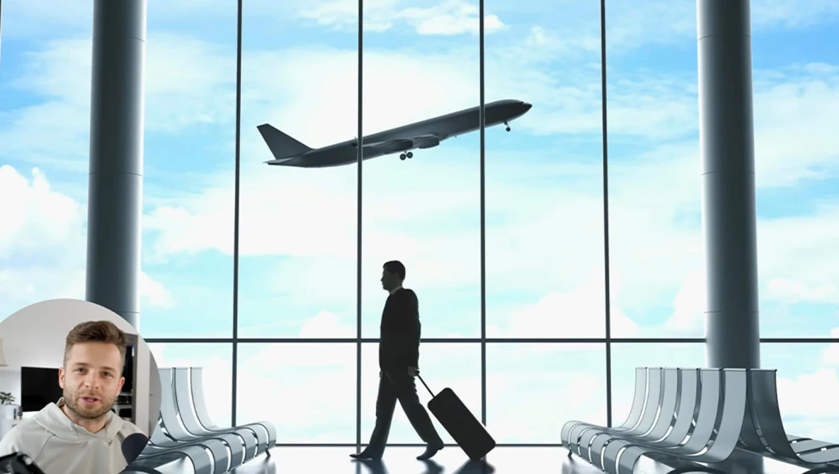 Businessman walking through airport terminal with luggage past a large window showing an airplane taking off.
