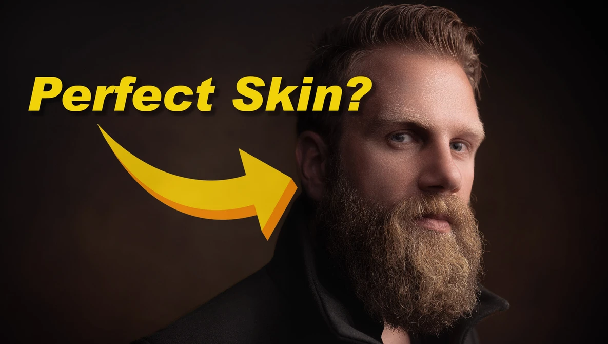 Man with full beard against dark background with yellow arrow and text overlay.
