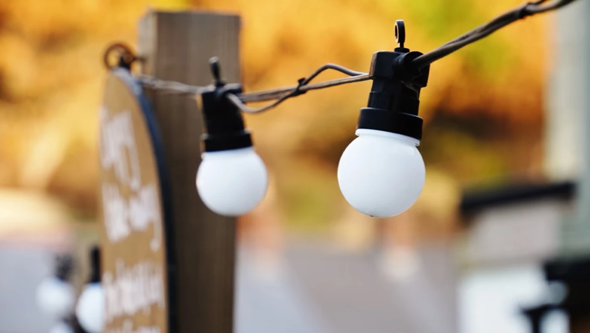 String lights with white frosted bulbs suspended on a black wire against a blurred outdoor background.
