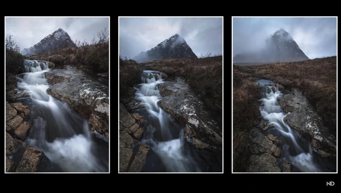 Triptych of a cascading waterfall with a dramatic peaked mountain in misty background.