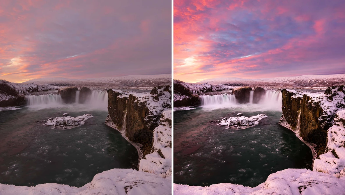 Waterfall landscape with snow-covered rocks under pink and purple sunset sky, shown as side-by-side comparison.