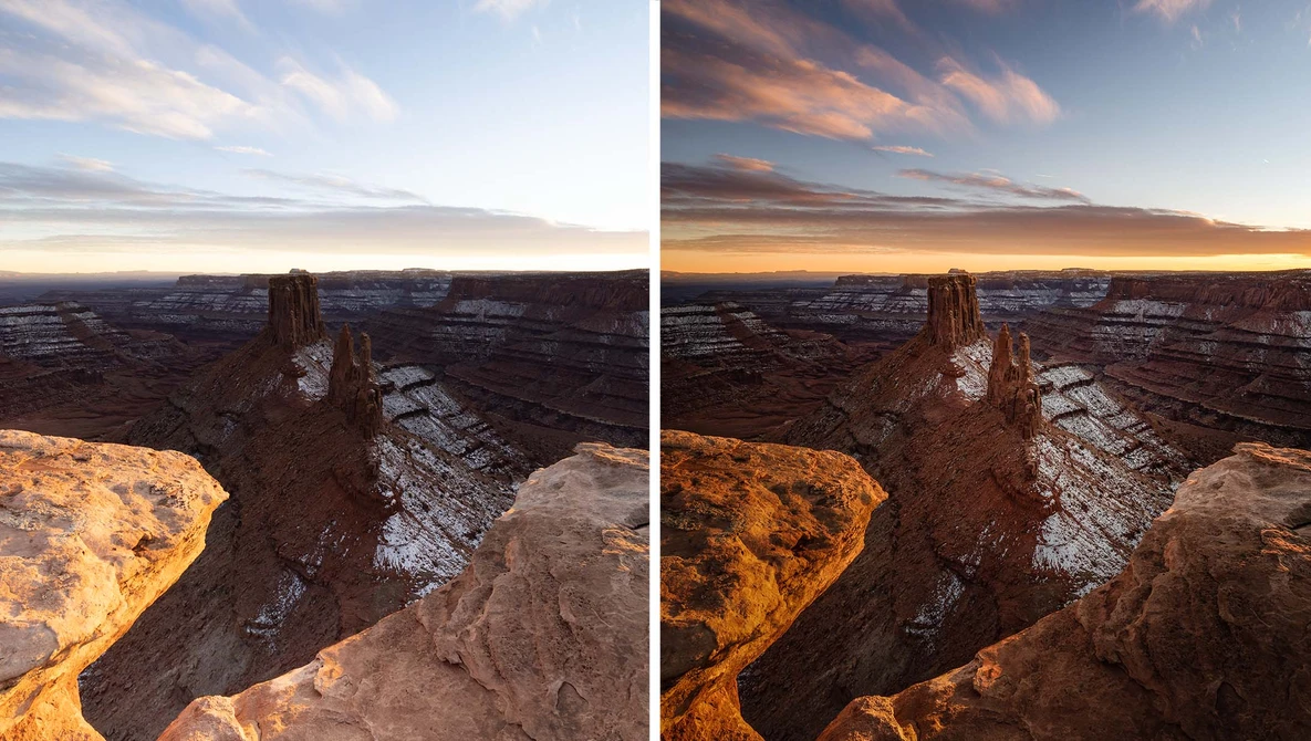 Before and after comparison of desert landscape with rock formations during sunset, showing color grading adjustments.