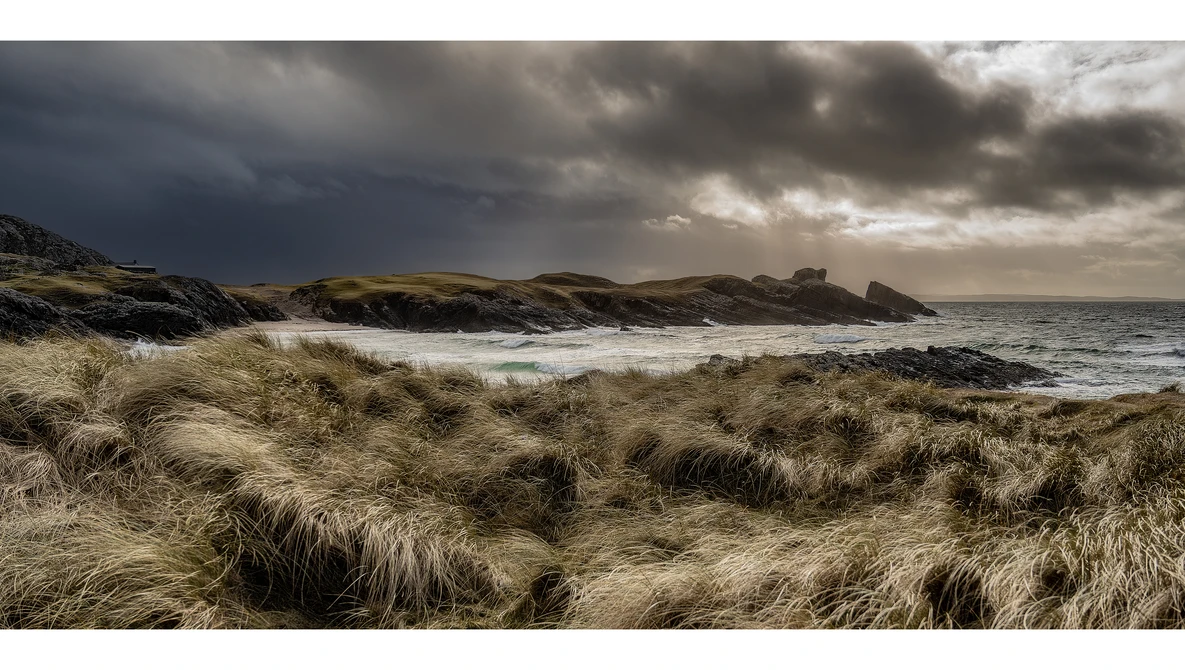 Windswept coastal dunes with marram grass overlooking a dramatic seascape under stormy skies.