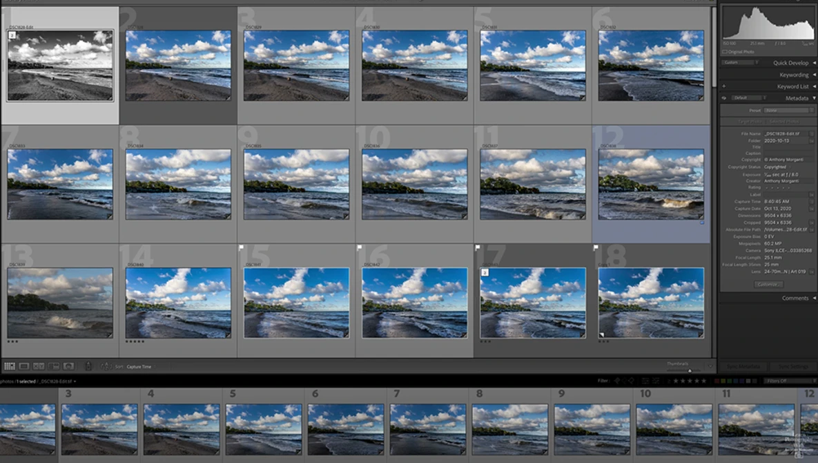 Screenshot of photo editing software showing multiple landscape images with blue skies and clouds in grid layout.