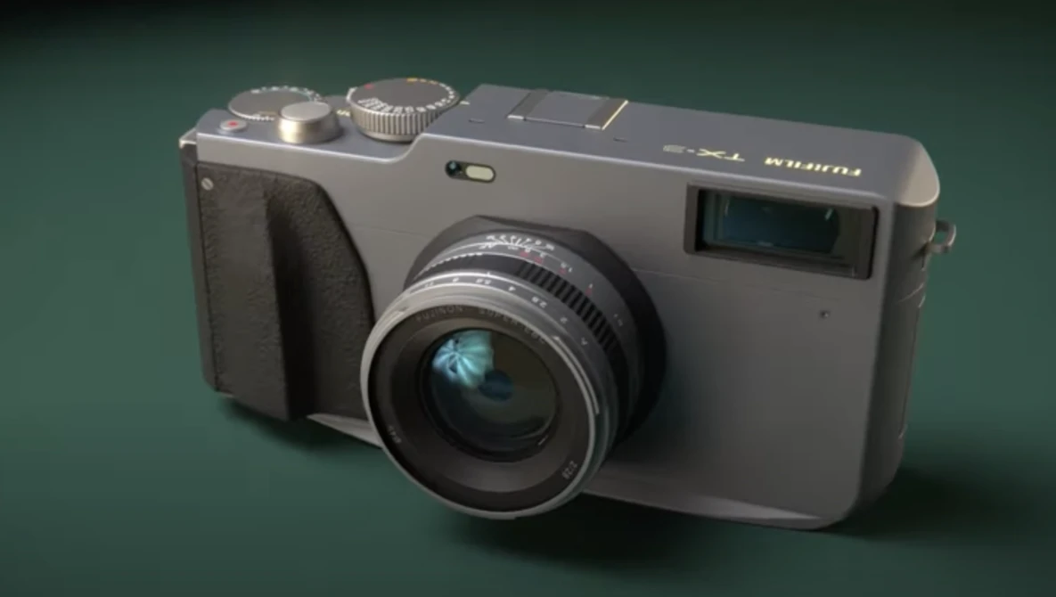 3D rendered compact camera with gray body, dual top dials, rangefinder window, and fixed lens against dark green background.