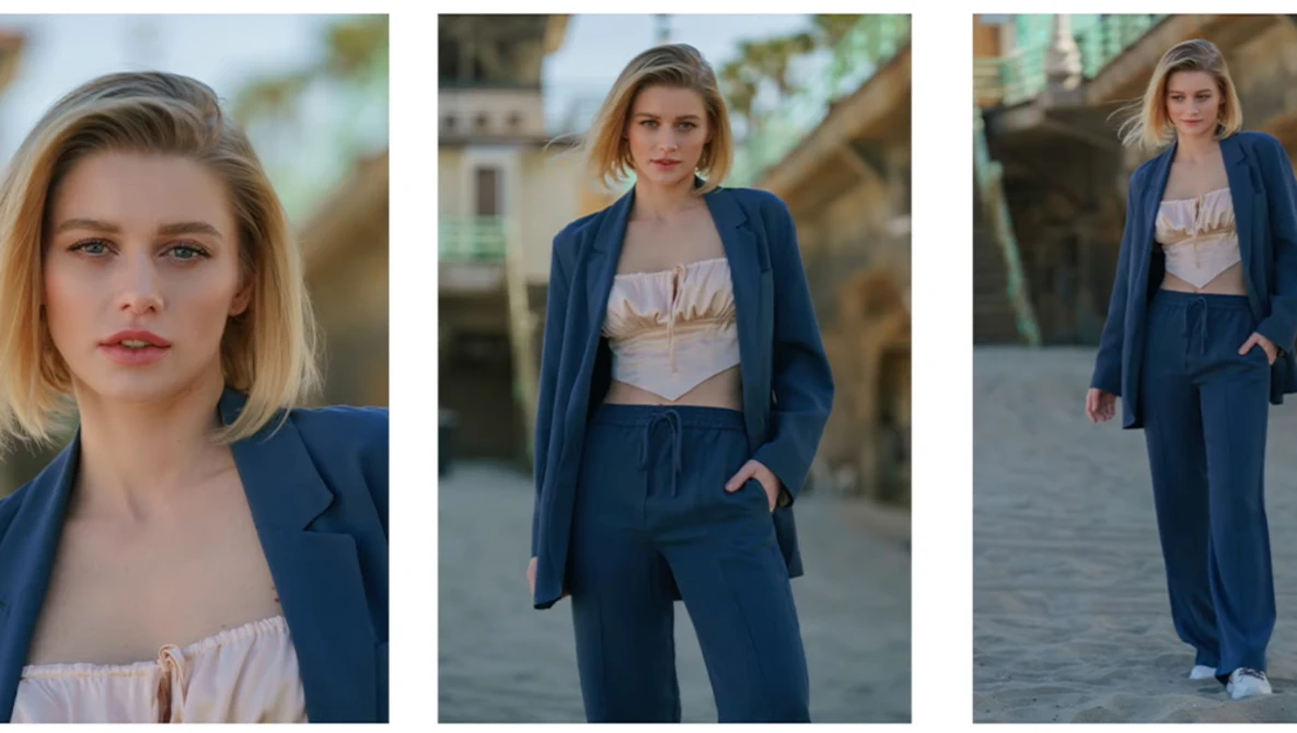 Female model in navy blazer and light crop top, photographed in three poses outdoors.