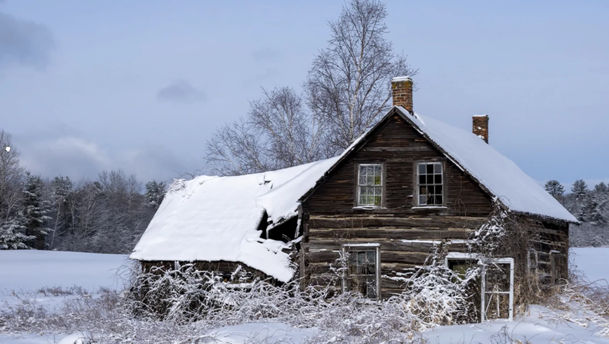 Abandoned log cabin with snow-covered roof surrounded by bare trees and snow-blanketed ground.