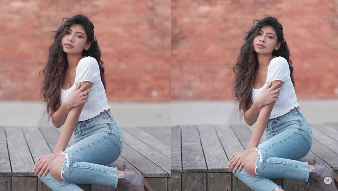 Woman in white t-shirt and distressed blue jeans posing against brick wall, shown in side-by-side comparison.
