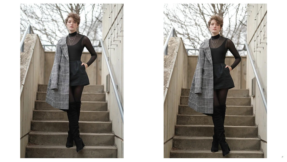 Side-by-side comparison of a woman on stairs wearing a plaid coat and black outfit, showing subtle posing differences.