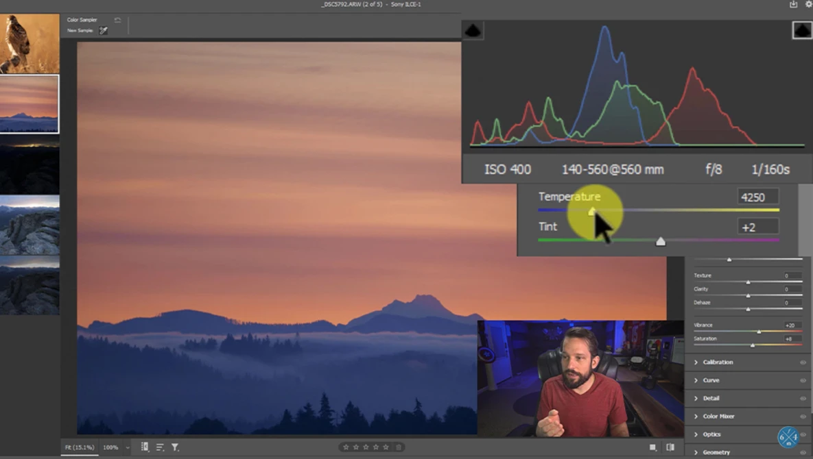 Screenshot of photo editing software showing a sunrise landscape with histogram and adjustment panels.