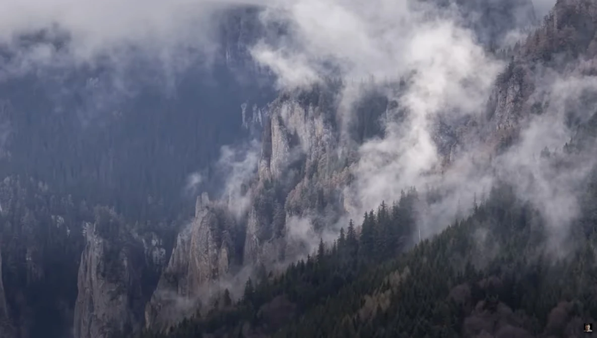 Misty mountain valley with forested slopes and dramatic cloud formations rolling through peaks.