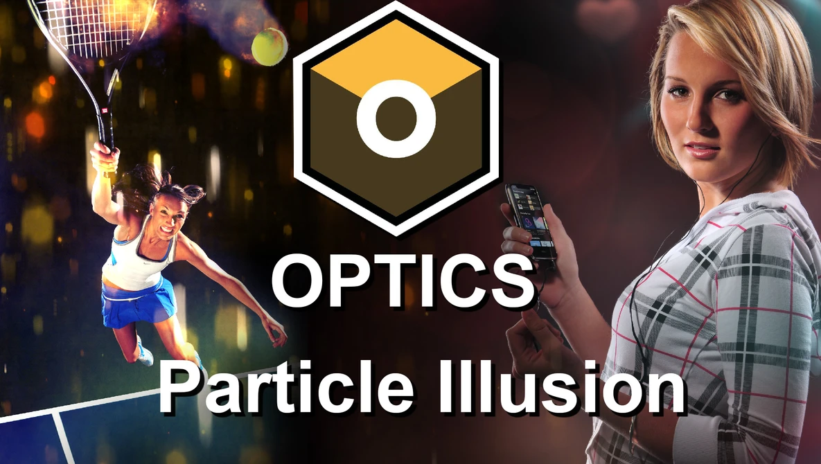 Graphic showing Optics Particle Illusion software logo with composite imagery of athlete, woman, and light effects.