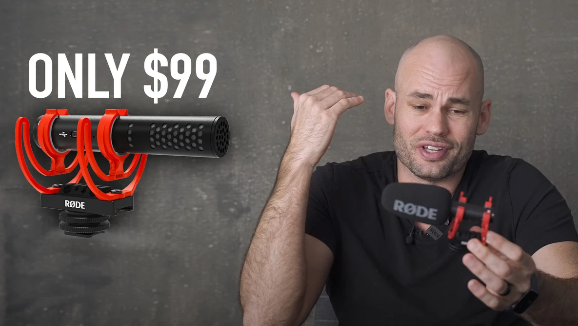 Man in black shirt demonstrating a red and black microphone with text overlay reading 'ONLY $99'.