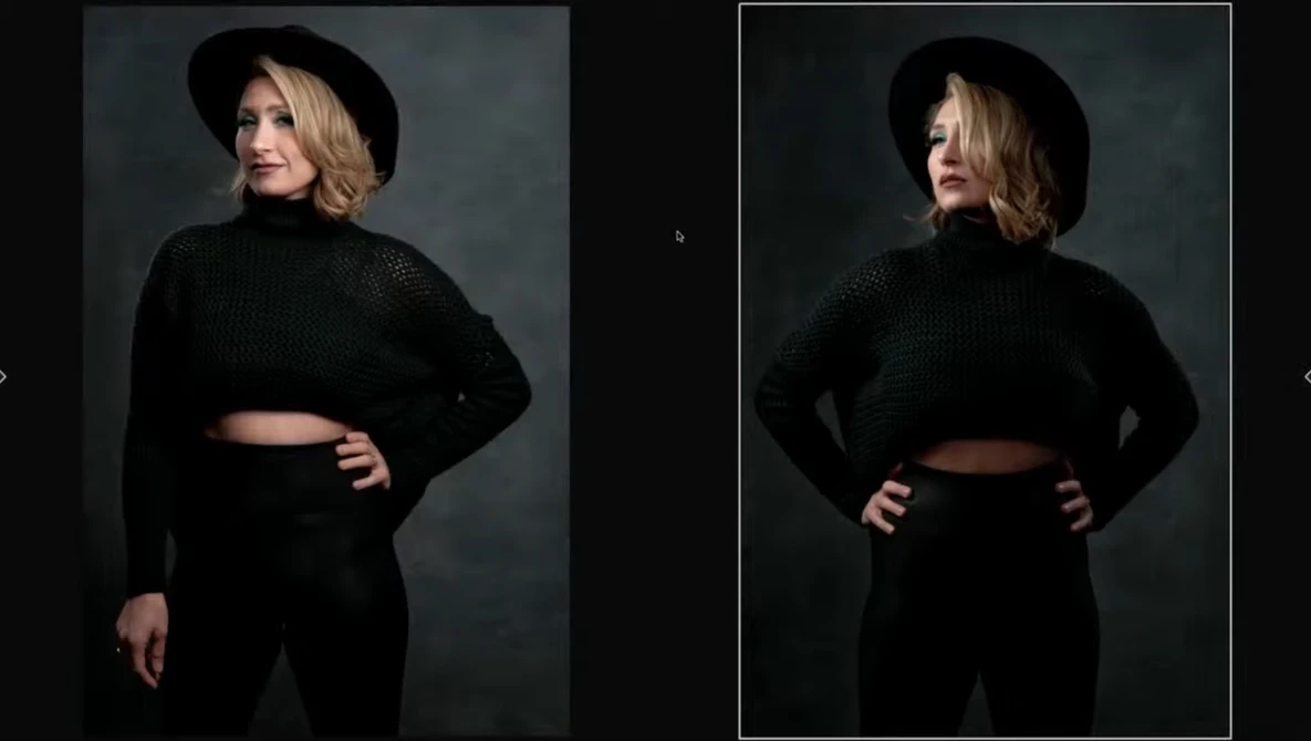 Side-by-side portrait comparison showing a woman in black clothing against a dark background, photographed from front and profile angles.