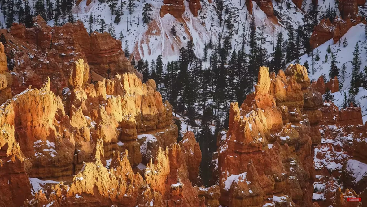 Rust-colored hoodoo rock formations with snow patches and evergreen trees in background at sunrise or sunset.