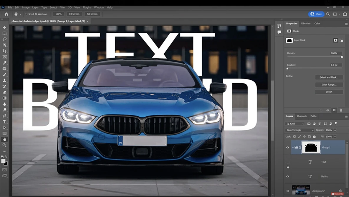 Screenshot of Photoshop showing a blue BMW car with large white text overlay reading 'TEXT BEHIND'.