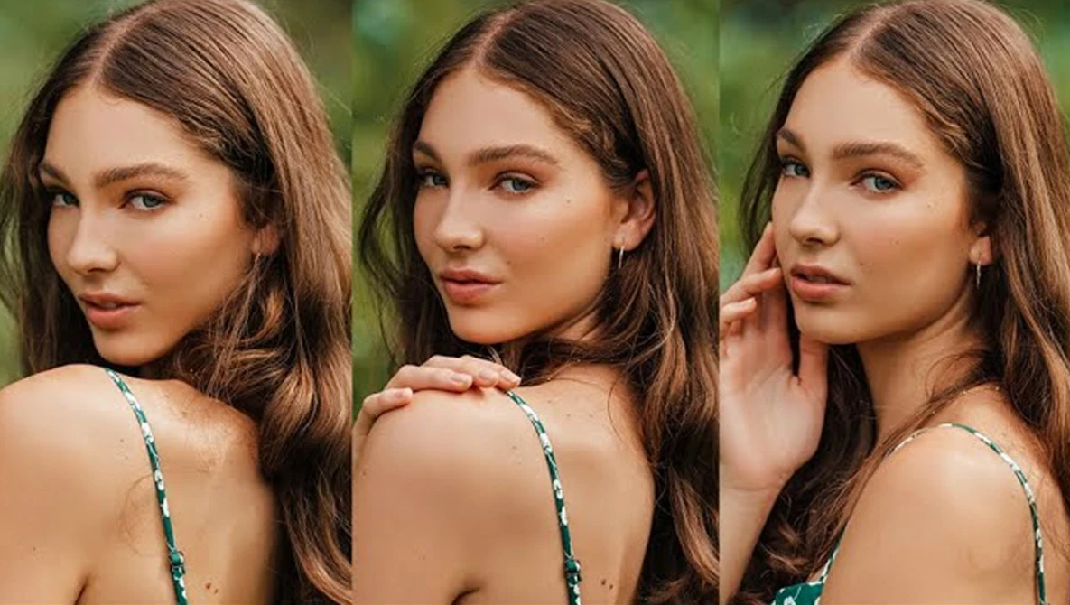 Three-panel portrait series of a woman with long brown hair against a soft green background.