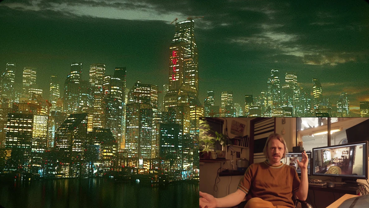 Split-screen composite showing a nighttime cityscape with illuminated skyscrapers and a person in an indoor studio setting.