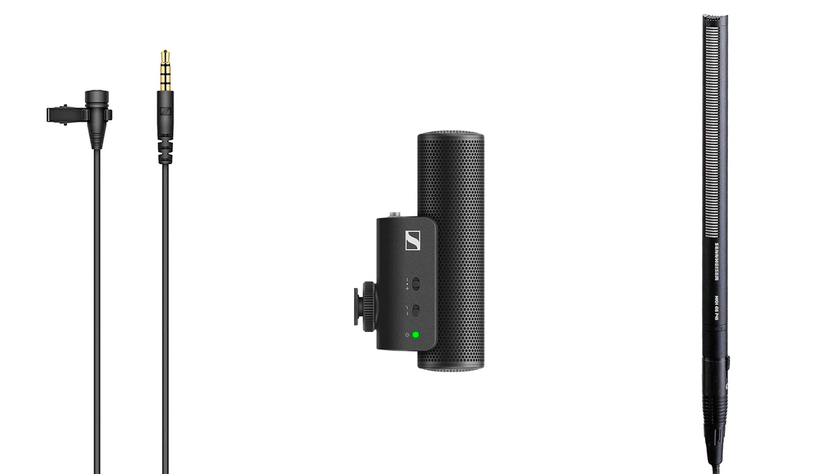 Three professional audio recording microphones displayed: a lavalier mic with cable, a compact wireless transmitter unit, and a shotgun microphone.