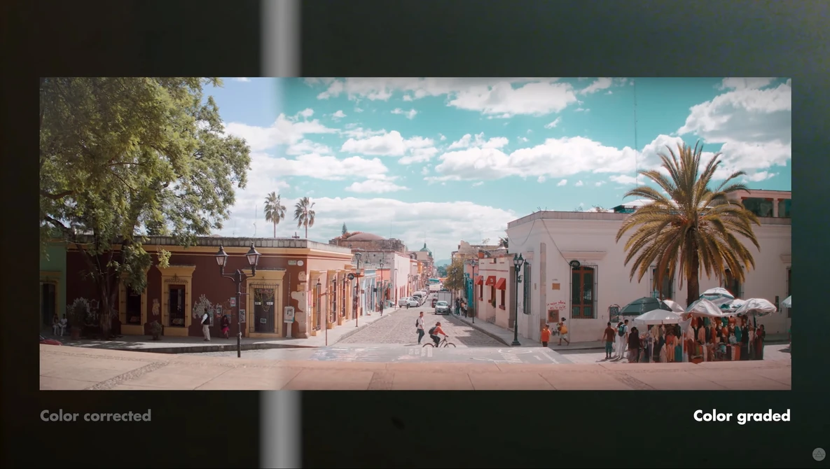 Side-by-side comparison of color correction and grading applied to a colonial streetscape photograph.