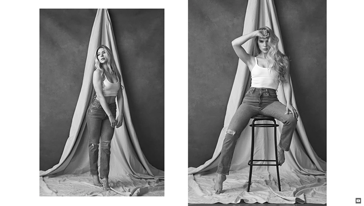 Two black and white studio portraits of a woman with draped fabric backdrop, shown standing and seated.