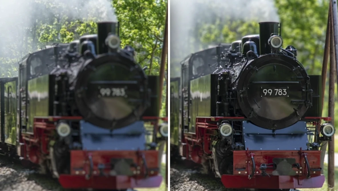 Side-by-side comparison of a black steam locomotive numbered 99 783, showing before and after processing or restoration.