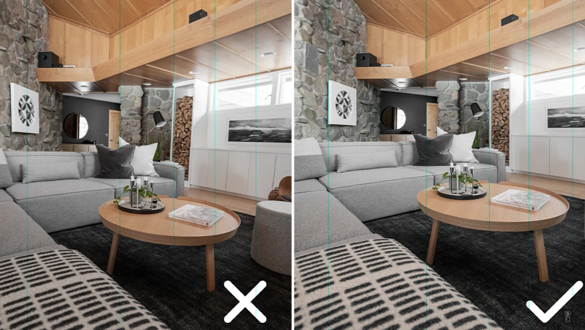 Interior design comparison showing a modern living room with wood ceiling and stone columns, demonstrating styling choices for a coffee table arrangement.