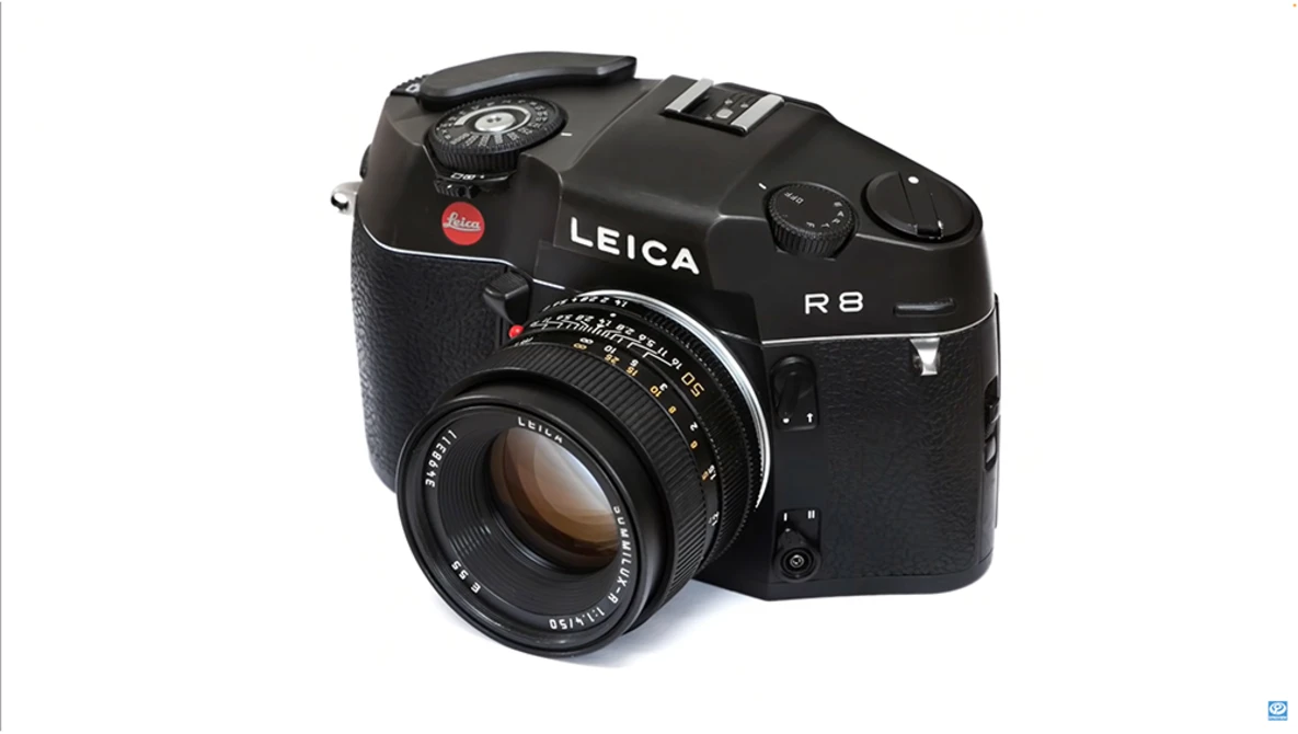 Leica R8 camera with a Summilux lens mounted, shown against a white background.