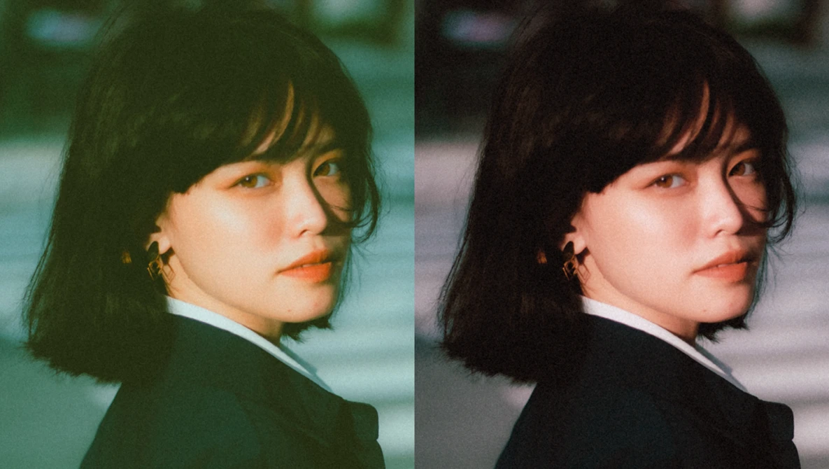 Side-by-side comparison showing color and monochromatic versions of a portrait with cool-toned and warm-toned grading.