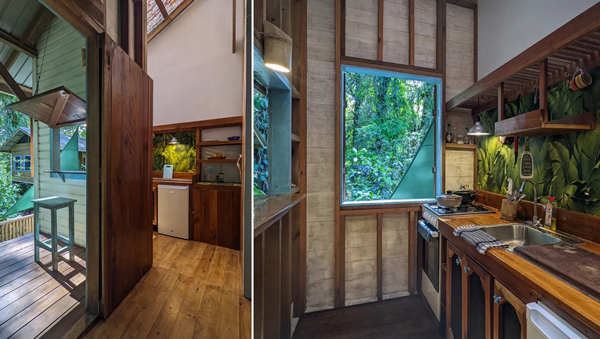 Wooden kitchen interior with open floor plan, natural light from windows, and lush green foliage visible outside.