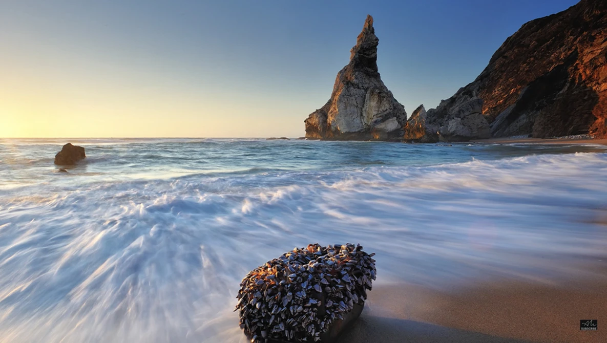 Dramatic coastal landscape with a towering rock formation rising from the ocean amid breaking waves at golden hour.