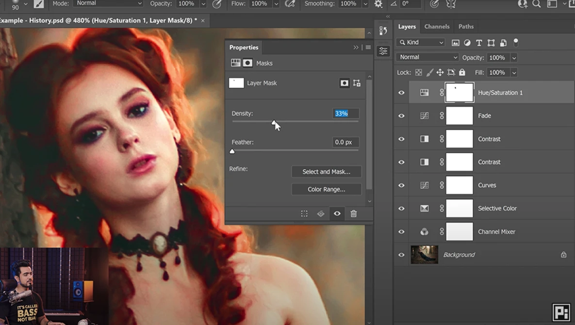 Screenshot of digital photo editing software showing portrait retouching workflow with layer masks and adjustment panels.