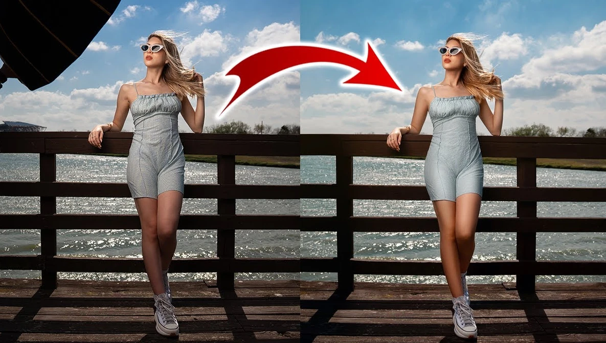 Before-and-after comparison showing subtle retouching of a woman posing on a wooden pier with water and sky in background.