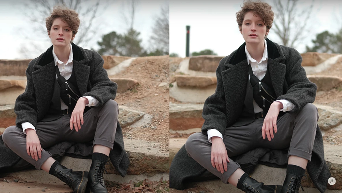 Side-by-side comparison of portrait editing showing a person in dark coat seated outdoors.