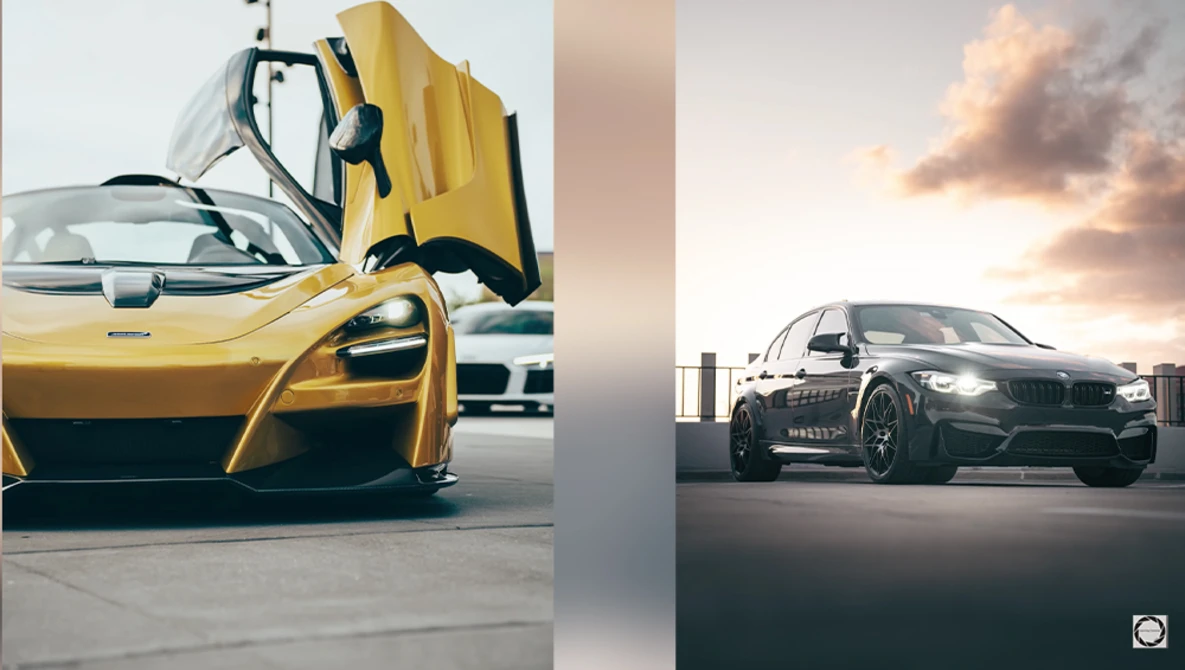 Yellow sports car with open scissor doors next to dark sedan under dramatic sunset clouds.